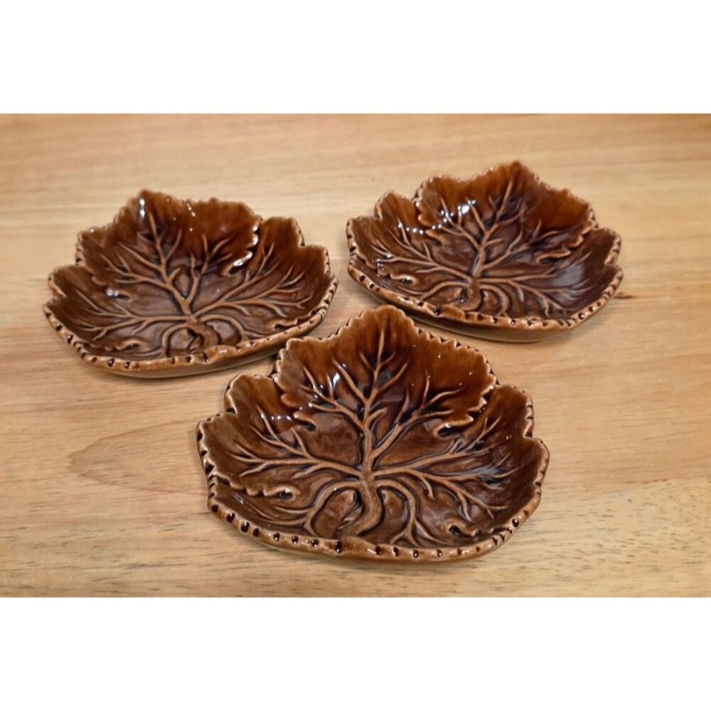 3 Olfaire Leaf-Shaped Brown Ceramic Dishes Made In Portugal